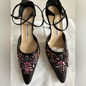 Manolo Blahnik Black Satin Beaded heels